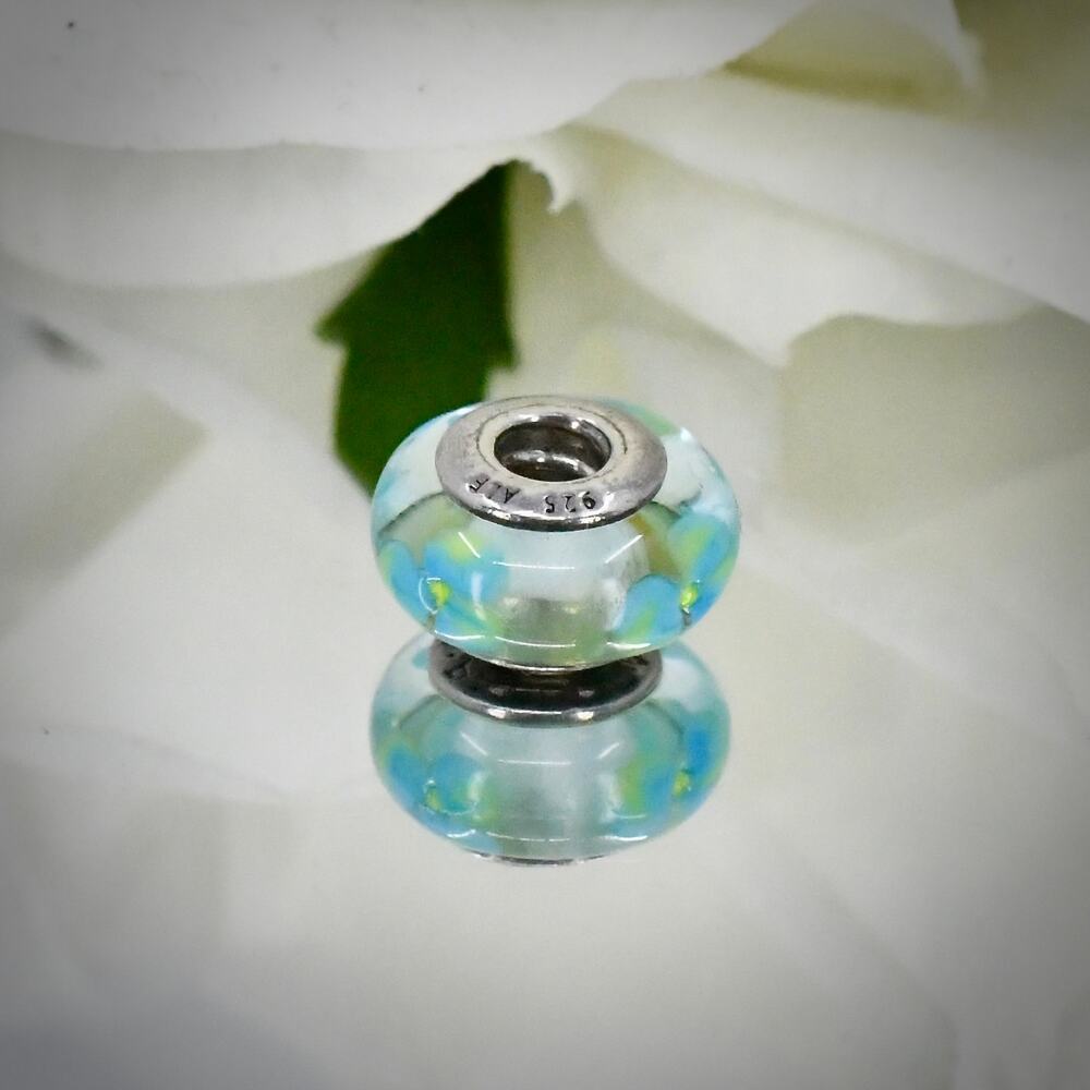 Authentic Pandora 790607 Clear Teal Flowers Murano Glass Charm 925 Silver